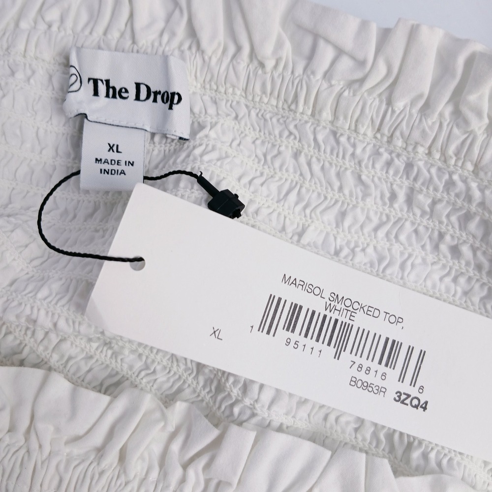 The Drop White Smocked Ruffle Puff Sleeve Peplum Top Square Neck Blouse XL - Picture 5 of 6